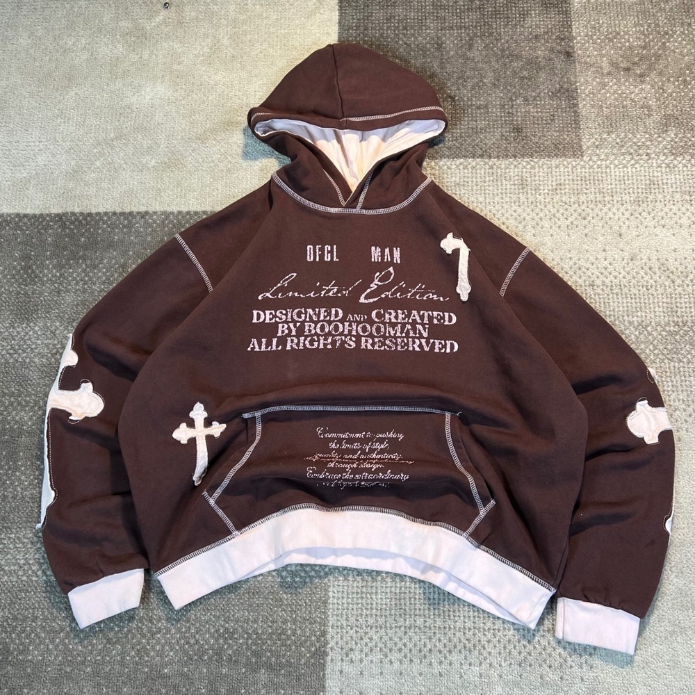 BoohooMAN‎ Brown Embroidered Hoodie Cross Oversized Mens Large Chrome Style